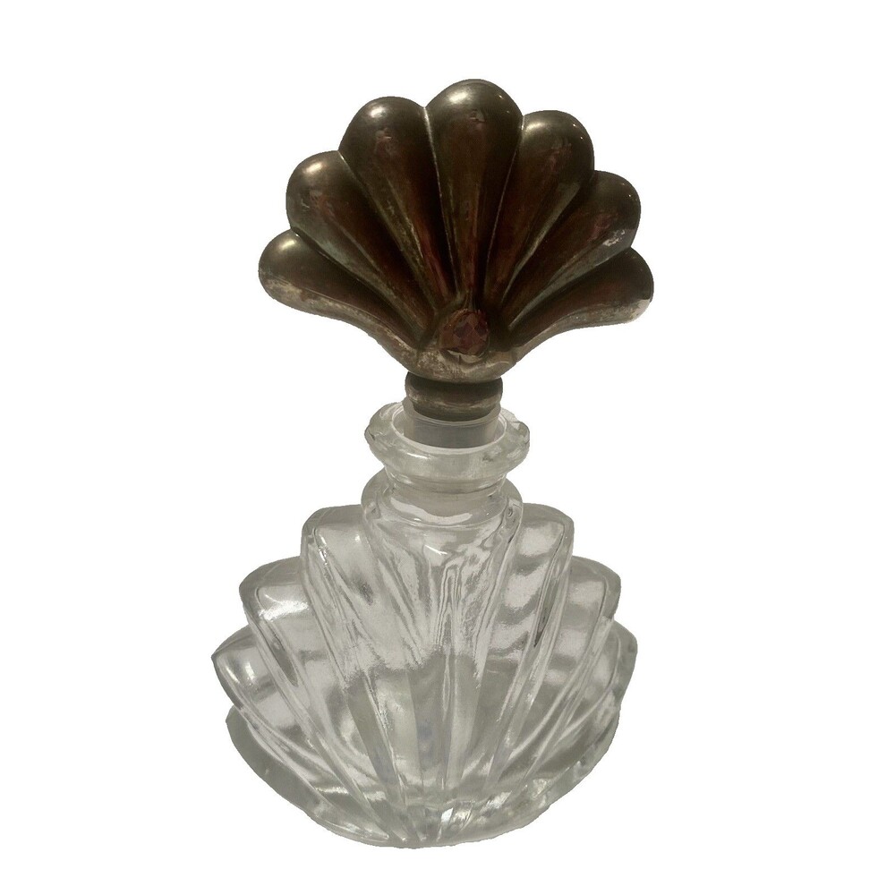 Vintage Perfume Bottle International Silver Fan Stopper Silver-Plate 1991 Glass